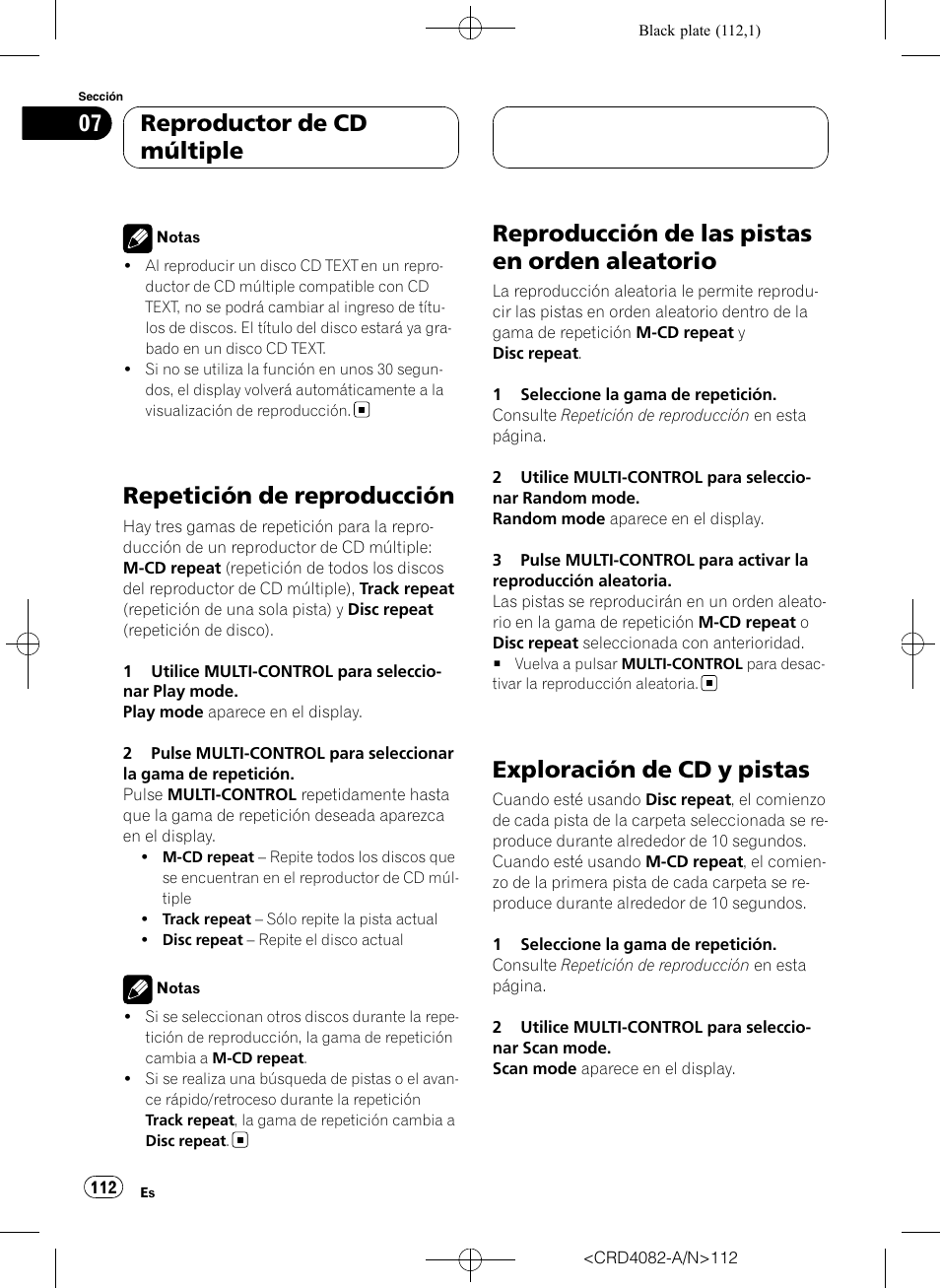 Repetición de reproducción, Reproducción de las pistas en orden, Aleatorio | Exploración de cd y pistas, Reproducción de las pistas en orden aleatorio, Reproductor de cd múltiple | Pioneer DEH-P80RS User Manual | Page 112 / 168