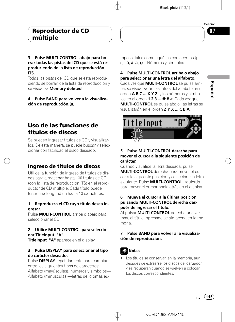 Uso de las funciones de títulos de, Discos, Ingreso de títulos de discos 115 | Uso de las funciones de títulos de discos, Reproductor de cd múltiple, Ingreso de títulos de discos | Pioneer DEH-P80RS User Manual | Page 115 / 168