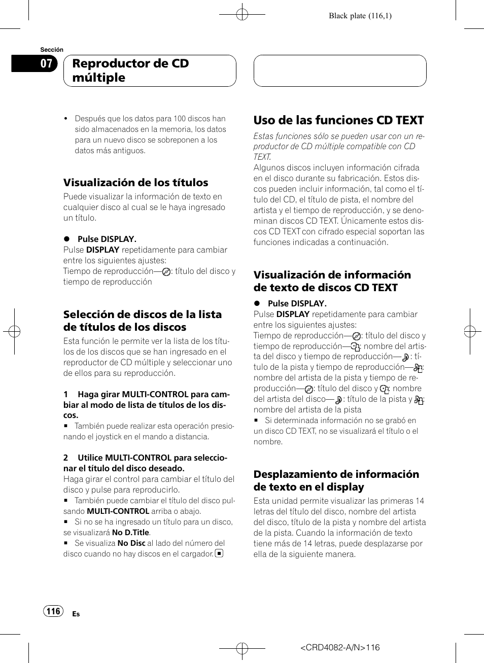 Visualización de los títulos 116, Selección de discos de la lista de, Títulos de los discos | Uso de las funciones cd text, Visualización de información de texto, De discos cd text, Desplazamiento de información de, Texto en el display, Reproductor de cd múltiple, Visualización de los títulos | Pioneer DEH-P80RS User Manual | Page 116 / 168