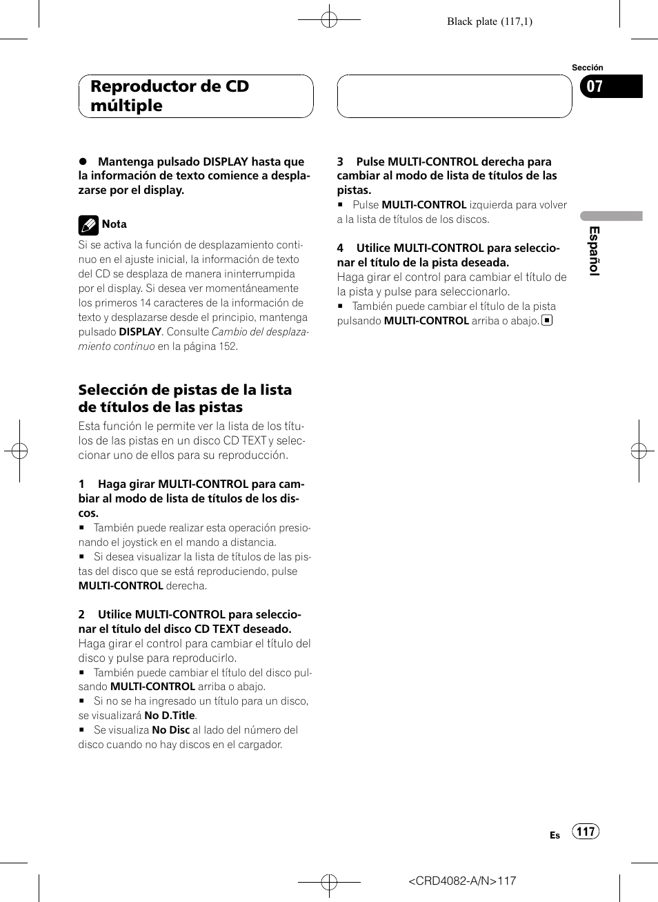 Selección de pistas de la lista de títulos, De las pistas, Reproductor de cd múltiple | Pioneer DEH-P80RS User Manual | Page 117 / 168
