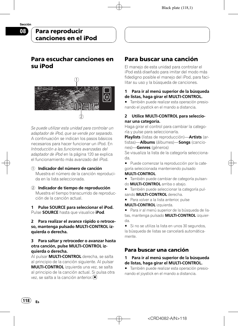 Para buscar una canción, Para buscar una canción 118, Para escuchar canciones en su ipod | Para reproducir canciones en el ipod | Pioneer DEH-P80RS User Manual | Page 118 / 168
