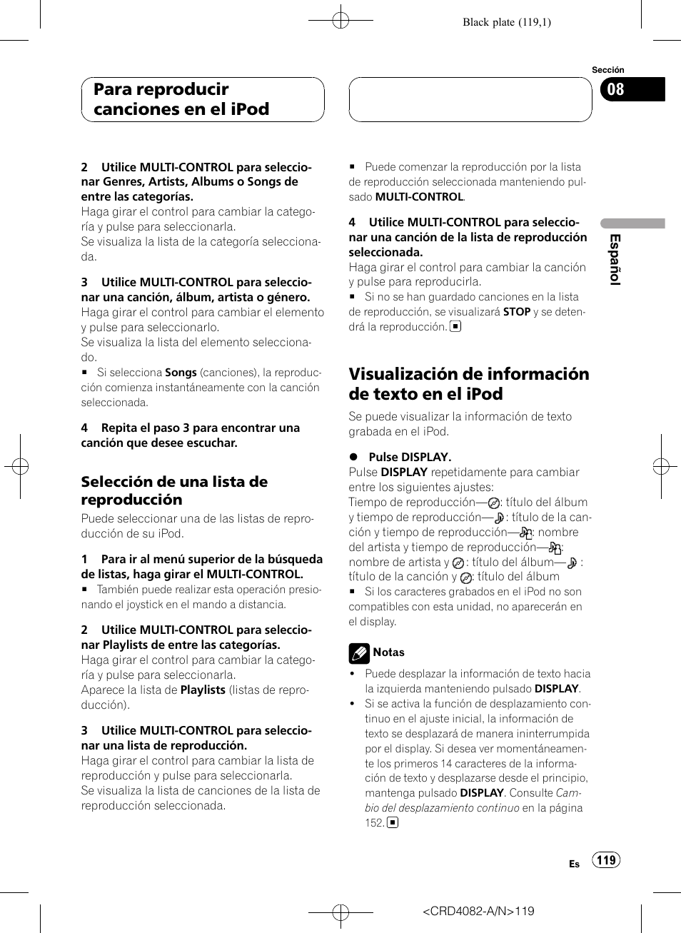 Selección de una lista de, Reproducción, Visualización de información de texto en el | Ipod, Visualización de información de texto en el ipod, Para reproducir canciones en el ipod, Selección de una lista de reproducción | Pioneer DEH-P80RS User Manual | Page 119 / 168