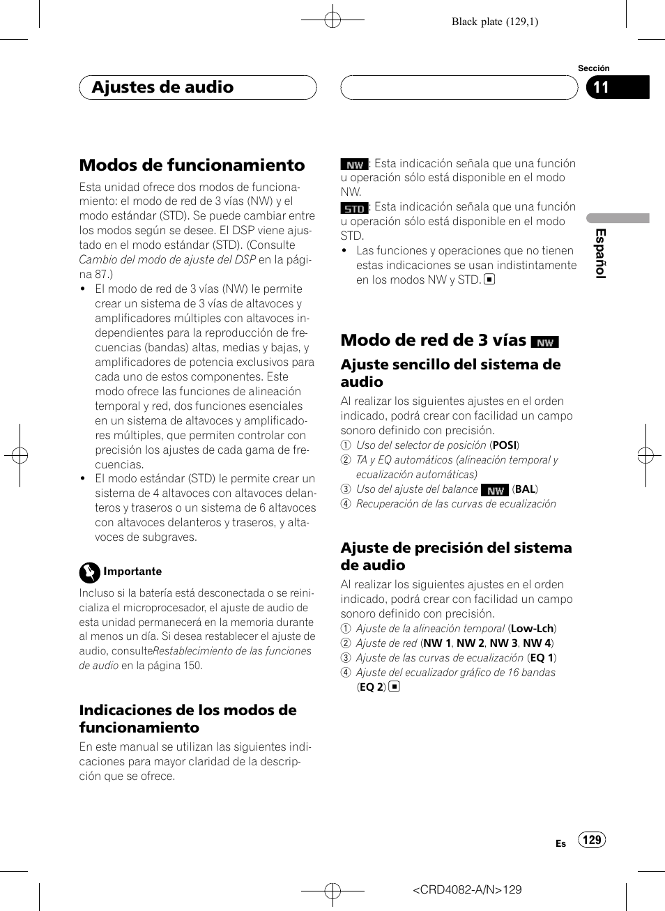 Ajustes de audio modos de funcionamiento, Indicaciones de los modos de, Funcionamiento | Modo de red de 3 vías, Ajuste sencillo del sistema de, Audio, Ajuste de precisión del sistema de, Modos de funcionamiento, Ajustes de audio | Pioneer DEH-P80RS User Manual | Page 129 / 168