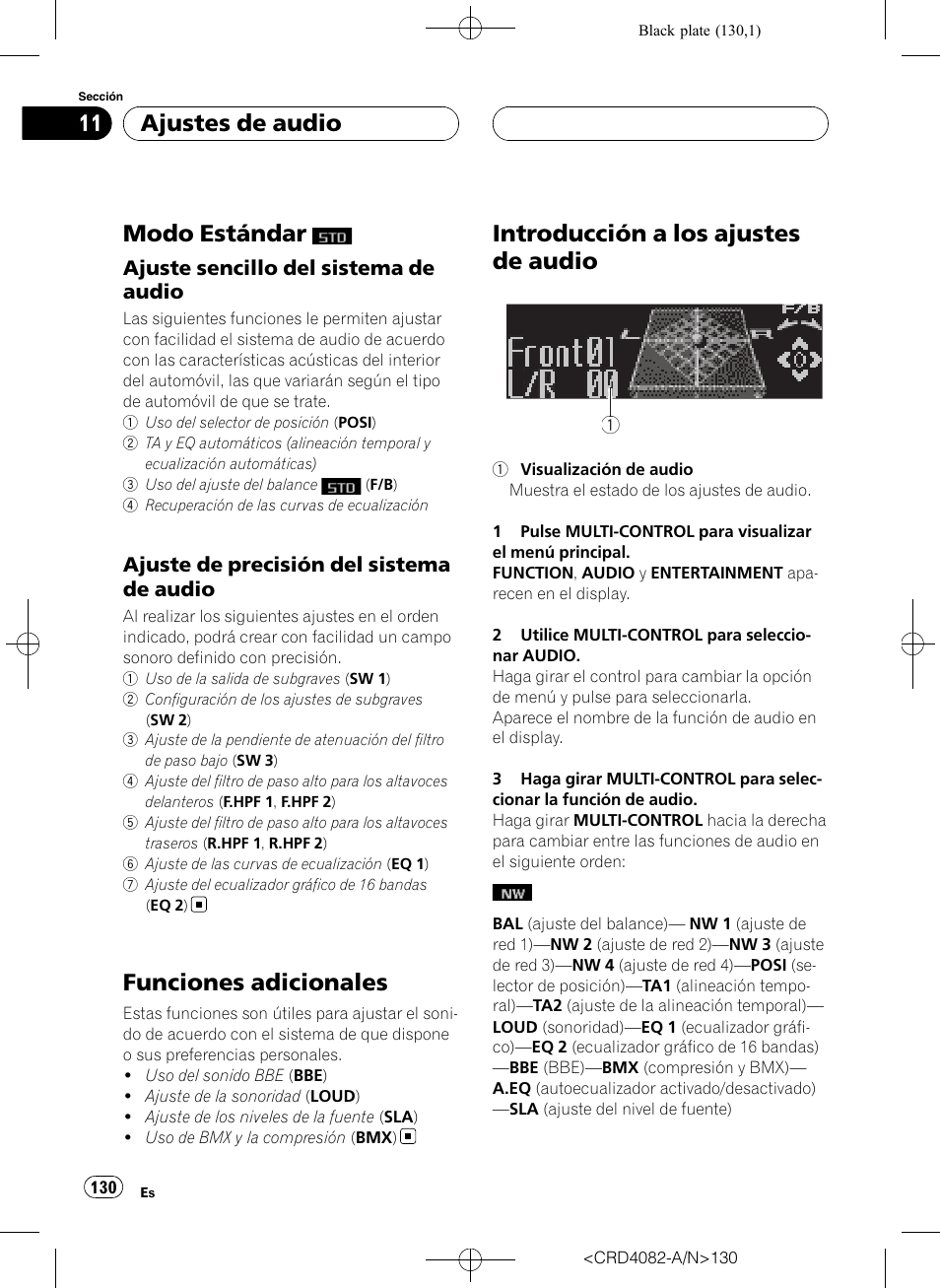 Modo estándar, Ajuste sencillo del sistema de, Audio | Ajuste de precisión del sistema de, Funciones adicionales, Introducción a los ajustes de audio, Ajustes de audio, Ajuste sencillo del sistema de audio, Ajuste de precisión del sistema de audio | Pioneer DEH-P80RS User Manual | Page 130 / 168