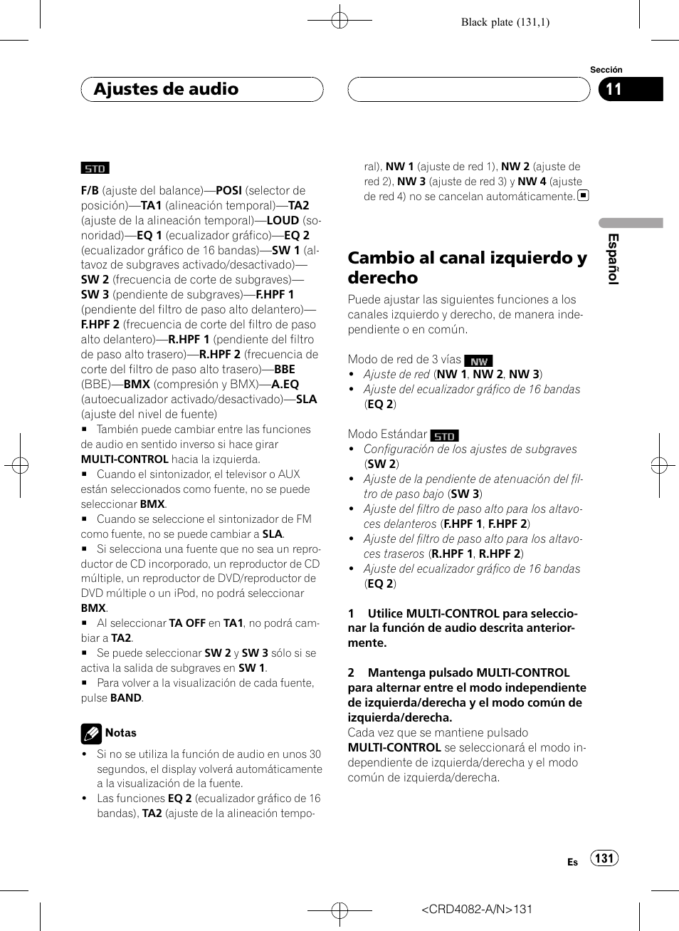 Cambio al canal izquierdo y derecho, Ajustes de audio | Pioneer DEH-P80RS User Manual | Page 131 / 168