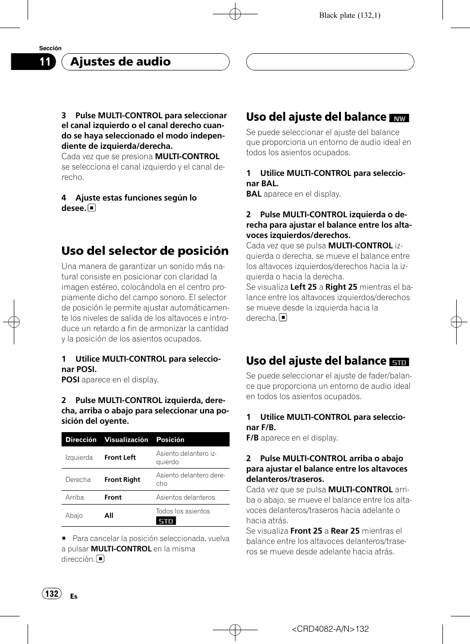 Uso del selector de posición, Uso del ajuste del balance, Ajustes de audio | Pioneer DEH-P80RS User Manual | Page 132 / 168