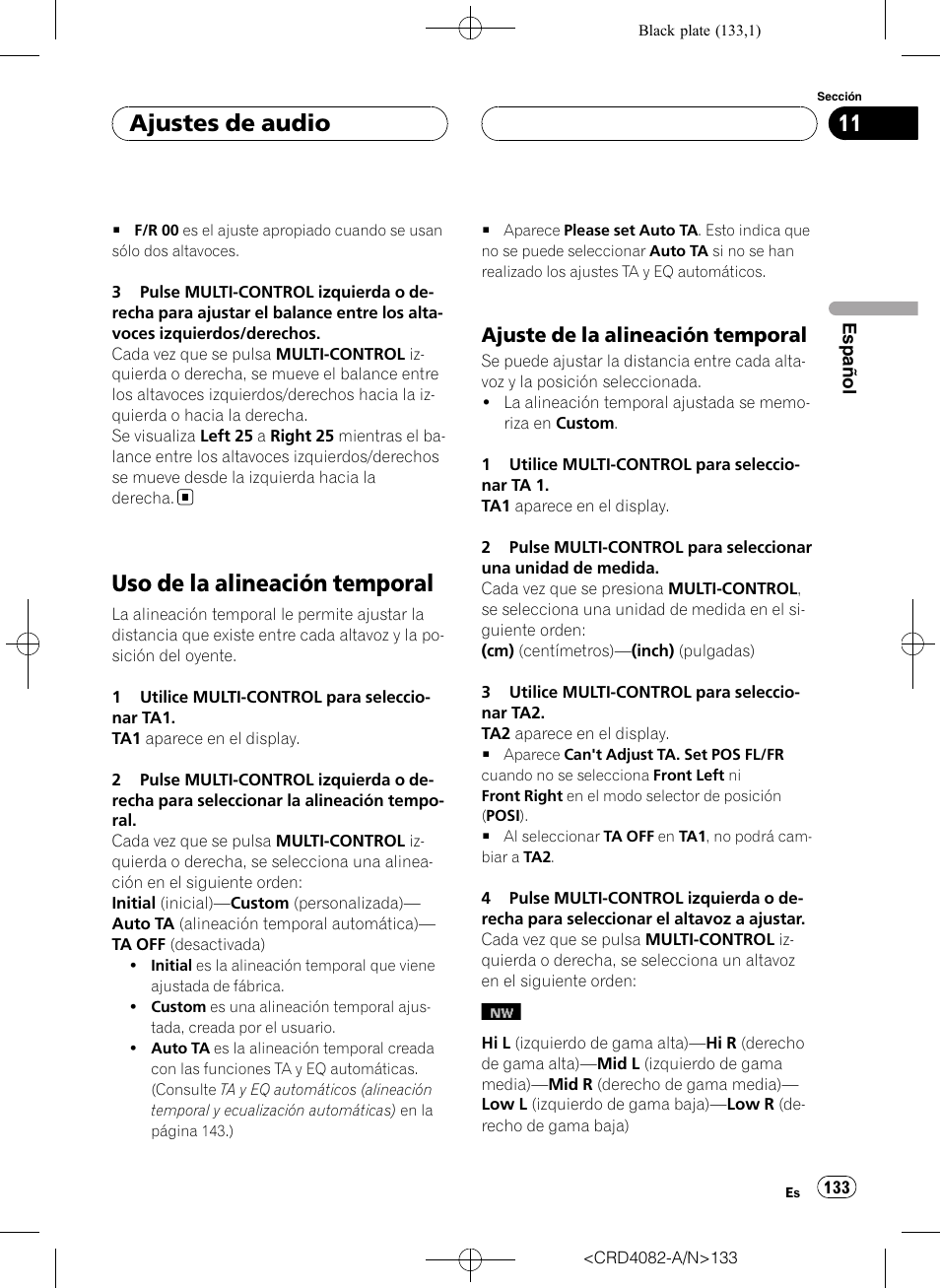 Uso de la alineación temporal, Ajuste de la alineación temporal 133, Ajuste de la alineación temporal | Ajustes de audio | Pioneer DEH-P80RS User Manual | Page 133 / 168