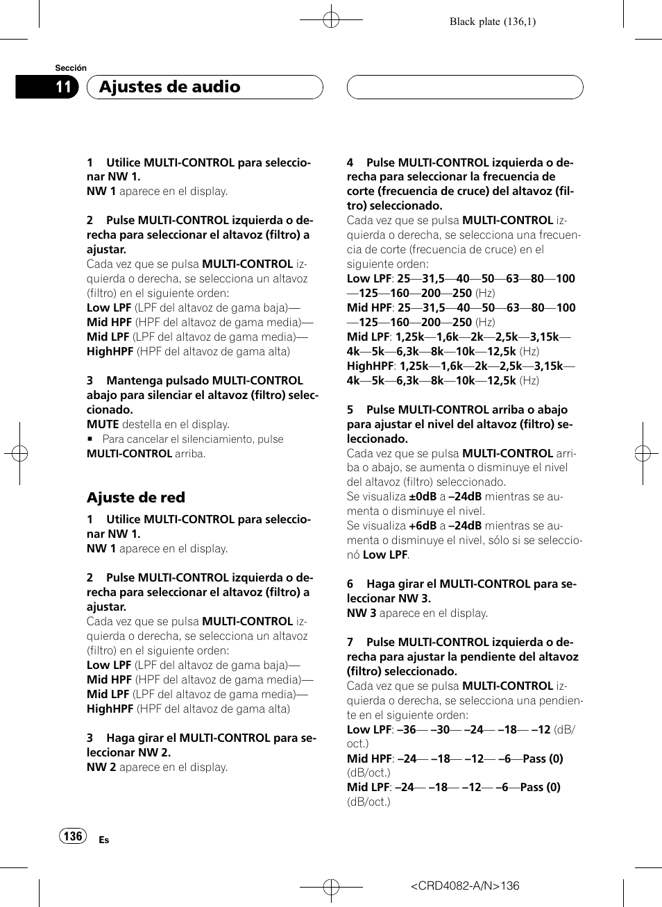 Ajuste de red 136, Ajuste de red, Ajustes de audio | Pioneer DEH-P80RS User Manual | Page 136 / 168