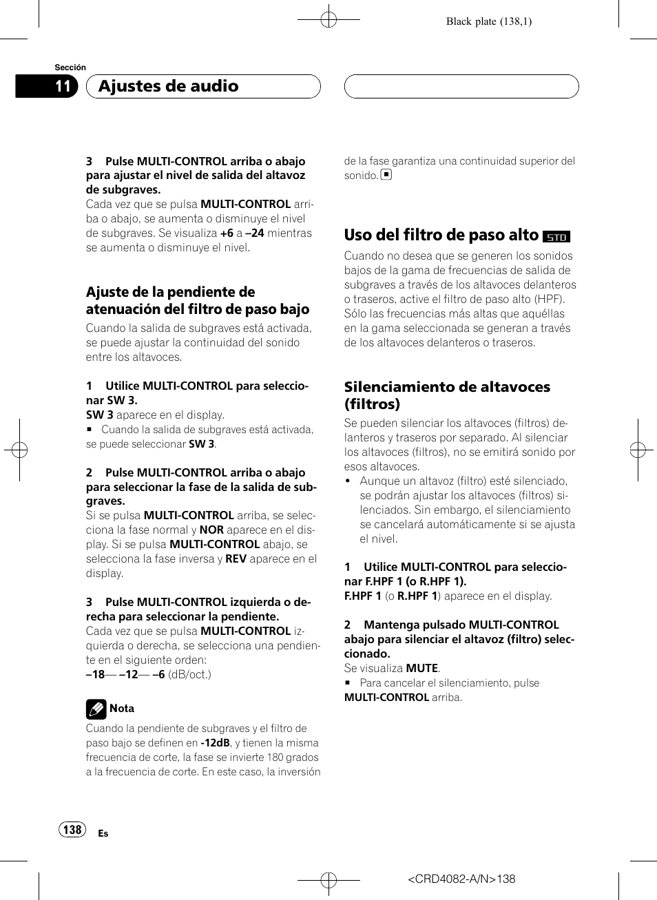 Ajuste de la pendiente de atenuación, Del filtro de paso bajo, Uso del filtro de paso alto | Silenciamiento de altavoces, Filtros), Ajuste de la pendiente de atenuación del filtro, De paso bajo, Ajuste de la pendiente de atenuación del fil, Tro de paso bajo, Ajustes de audio | Pioneer DEH-P80RS User Manual | Page 138 / 168