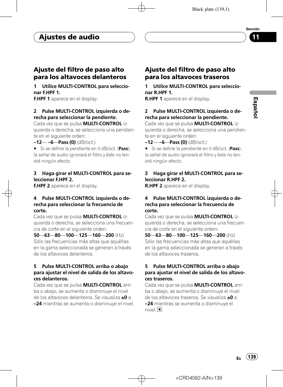 Ajuste del filtro de paso alto para los, Altavoces delanteros, Altavoces traseros | Ajuste del filtro de paso alto para los altavoces, Delanteros, Traseros, Ajuste del filtro de paso alto para los altavo, Ces delanteros, Ces traseros, Ajustes de audio | Pioneer DEH-P80RS User Manual | Page 139 / 168