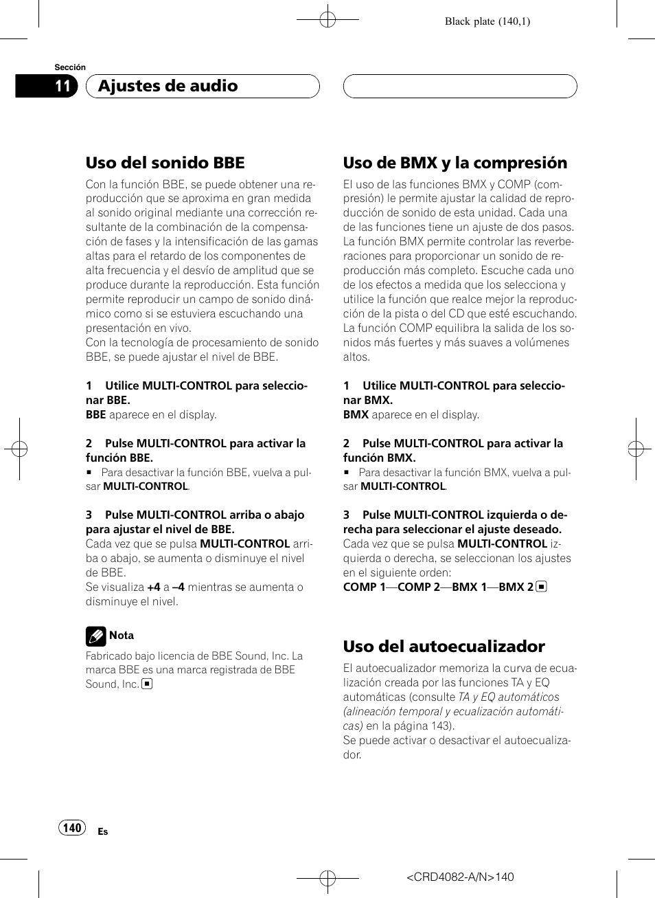 Uso del sonido bbe, Uso de bmx y la compresión, Uso del autoecualizador | Ajustes de audio | Pioneer DEH-P80RS User Manual | Page 140 / 168