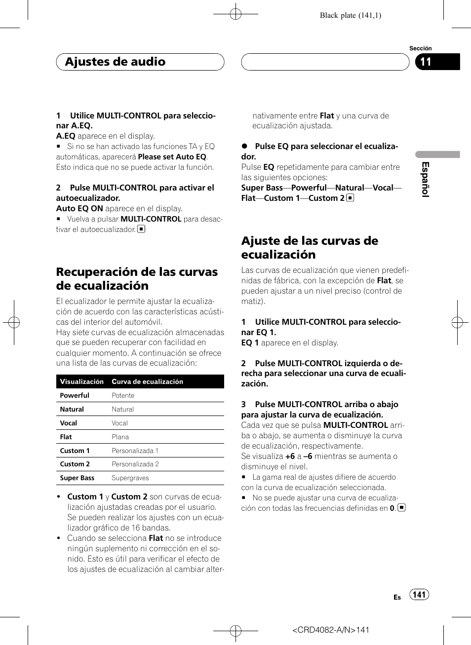Recuperación de las curvas de, Ecualización, Ajuste de las curvas de ecualización | Recuperación de las curvas de ecualización, Ajustes de audio | Pioneer DEH-P80RS User Manual | Page 141 / 168