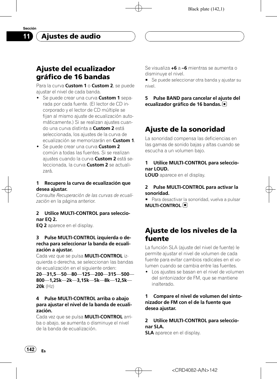 Ajuste del ecualizador gráfico de 16, Bandas, Ajuste de la sonoridad | Ajuste de los niveles de la fuente, Ajuste del ecualizador gráfico de 16 bandas, Ajustes de audio | Pioneer DEH-P80RS User Manual | Page 142 / 168