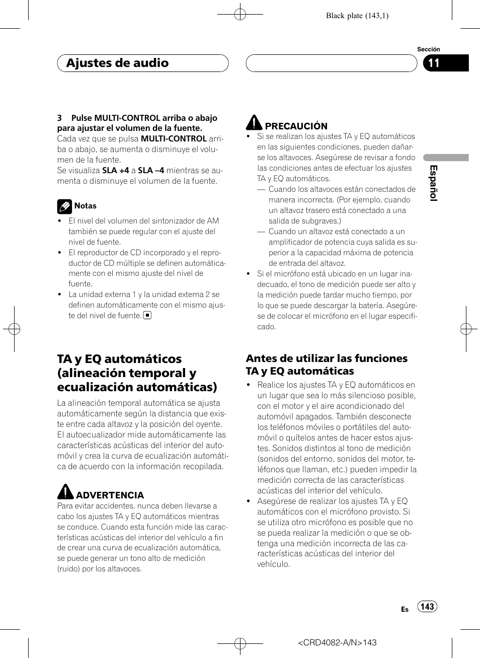 Ta y eq automáticos (alineación temporal y, Ecualización automáticas), Antes de utilizar las funciones ta y eq | Automáticas, Ajustes de audio | Pioneer DEH-P80RS User Manual | Page 143 / 168