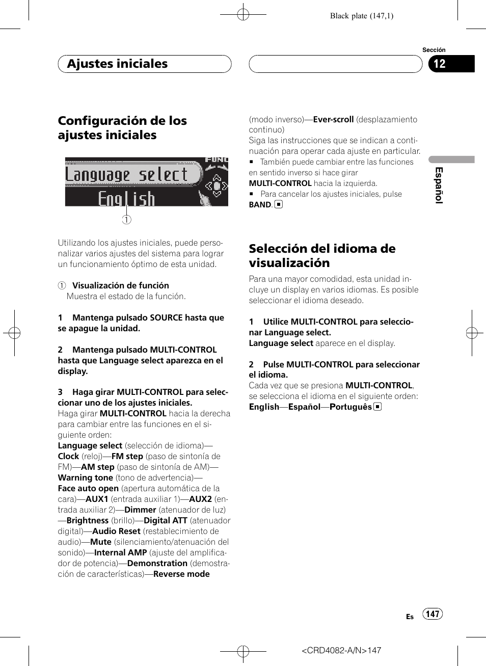 Selección del idioma de visualización, Ajustes iniciales, Configuración de los ajustes iniciales | Pioneer DEH-P80RS User Manual | Page 147 / 168
