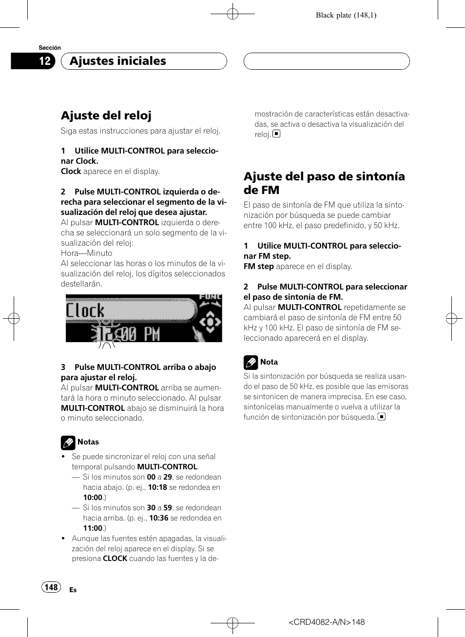 Ajuste del reloj, Ajuste del paso de sintonía de fm, Ajustes iniciales | Pioneer DEH-P80RS User Manual | Page 148 / 168