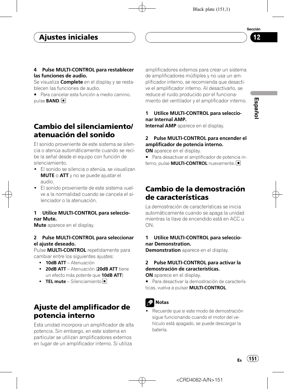 Cambio del silenciamiento/atenuación del, Sonido, Ajuste del amplificador de potencia | Interno, Cambio de la demostración de, Características, Cambio de la demostración de carac- terísticas, Cambio del silenciamiento/ atenuación del sonido, Ajuste del amplificador de potencia interno, Cambio de la demostración de características | Pioneer DEH-P80RS User Manual | Page 151 / 168
