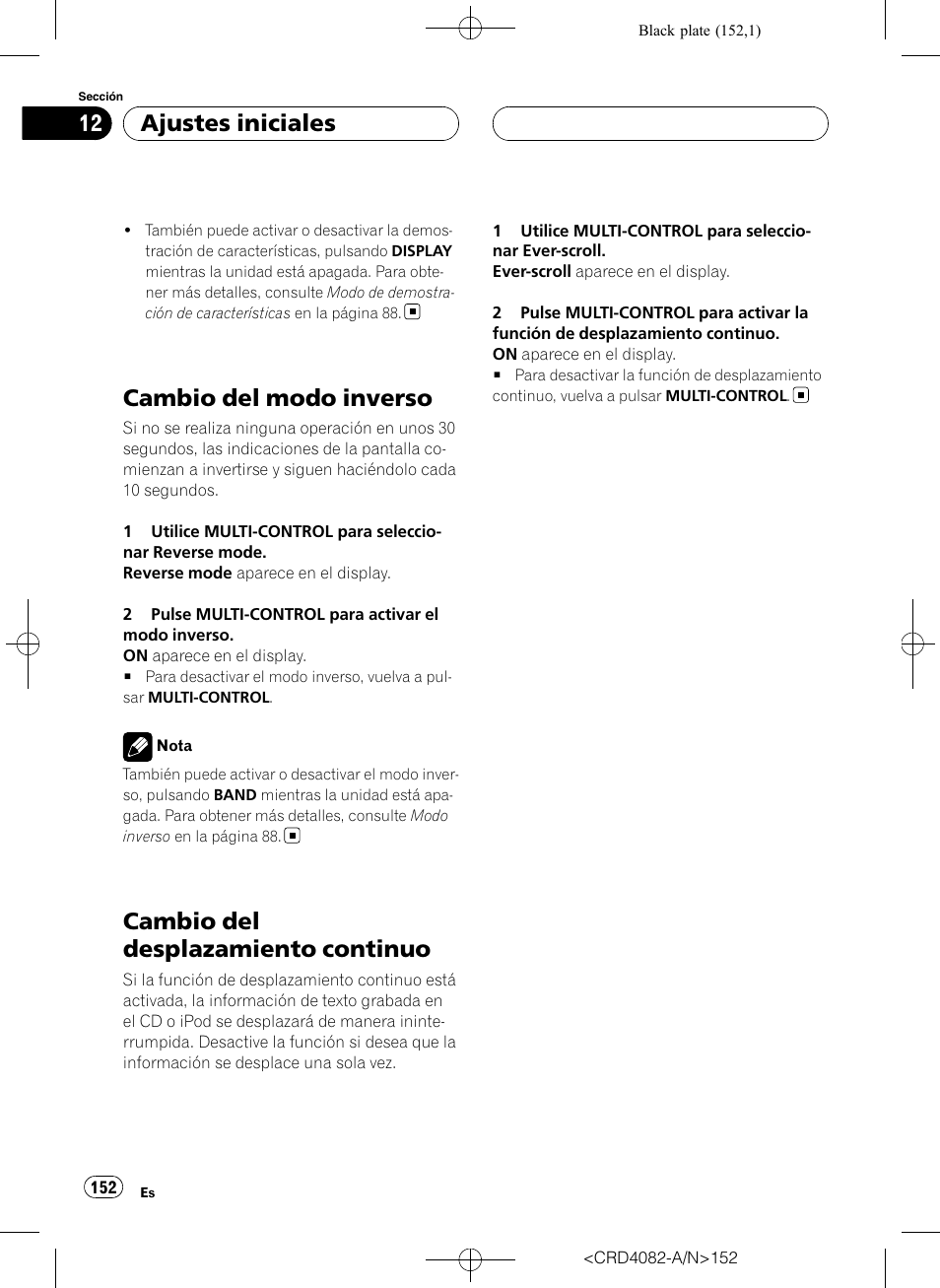 Cambio del modo inverso, Cambio del desplazamiento continuo, Ajustes iniciales | Pioneer DEH-P80RS User Manual | Page 152 / 168