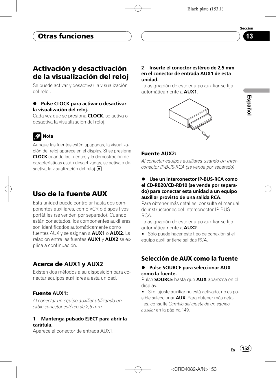 Del reloj, Uso de la fuente aux, Acerca de aux1 y aux2 153 | Selección de aux como la fuente 153, Otras funciones | Pioneer DEH-P80RS User Manual | Page 153 / 168