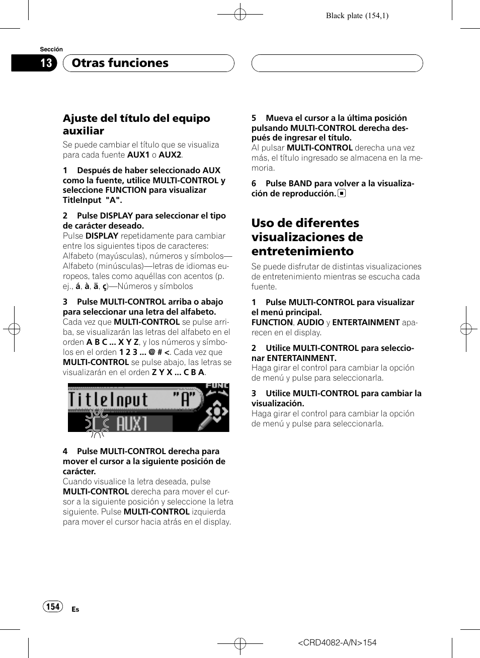 Ajuste del título del equipo, Auxiliar, Uso de diferentes visualizaciones de | Entretenimiento, Otras funciones, Ajuste del título del equipo auxiliar | Pioneer DEH-P80RS User Manual | Page 154 / 168
