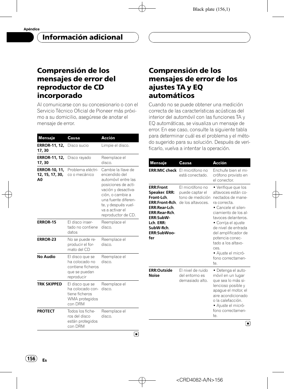 Reproductor de cd incorporado, Comprensión de los mensajes de error de los, Ajustes ta y eq automáticos | Información adicional | Pioneer DEH-P80RS User Manual | Page 156 / 168