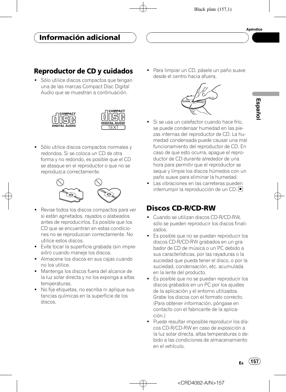 Reproductor de cd y cuidados, Discos cd-r/cd-rw, Información adicional | Pioneer DEH-P80RS User Manual | Page 157 / 168