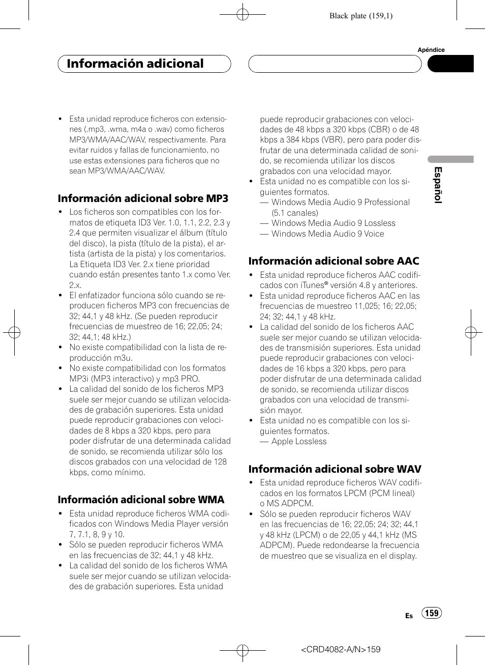 Información adicional sobre mp3 159, Información adicional sobre, Información adicional sobre aac 159 | Información adicional sobre wav 159, Información adicional, Información adicional sobre mp3, Información adicional sobre wma, Información adicional sobre aac, Información adicional sobre wav | Pioneer DEH-P80RS User Manual | Page 159 / 168