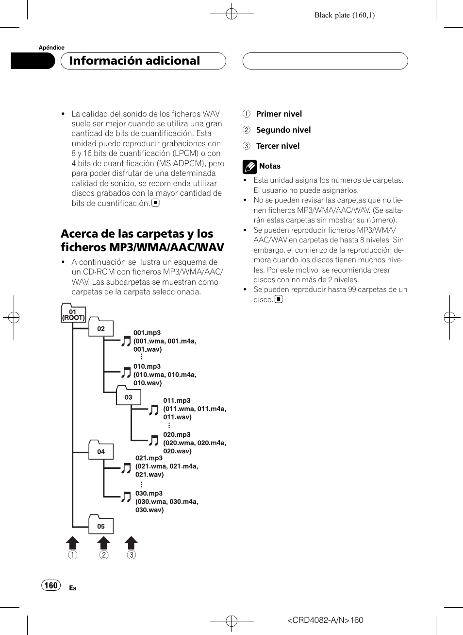 Acerca de las carpetas y los ficheros mp3, Wma/aac/wav, Información adicional | Pioneer DEH-P80RS User Manual | Page 160 / 168