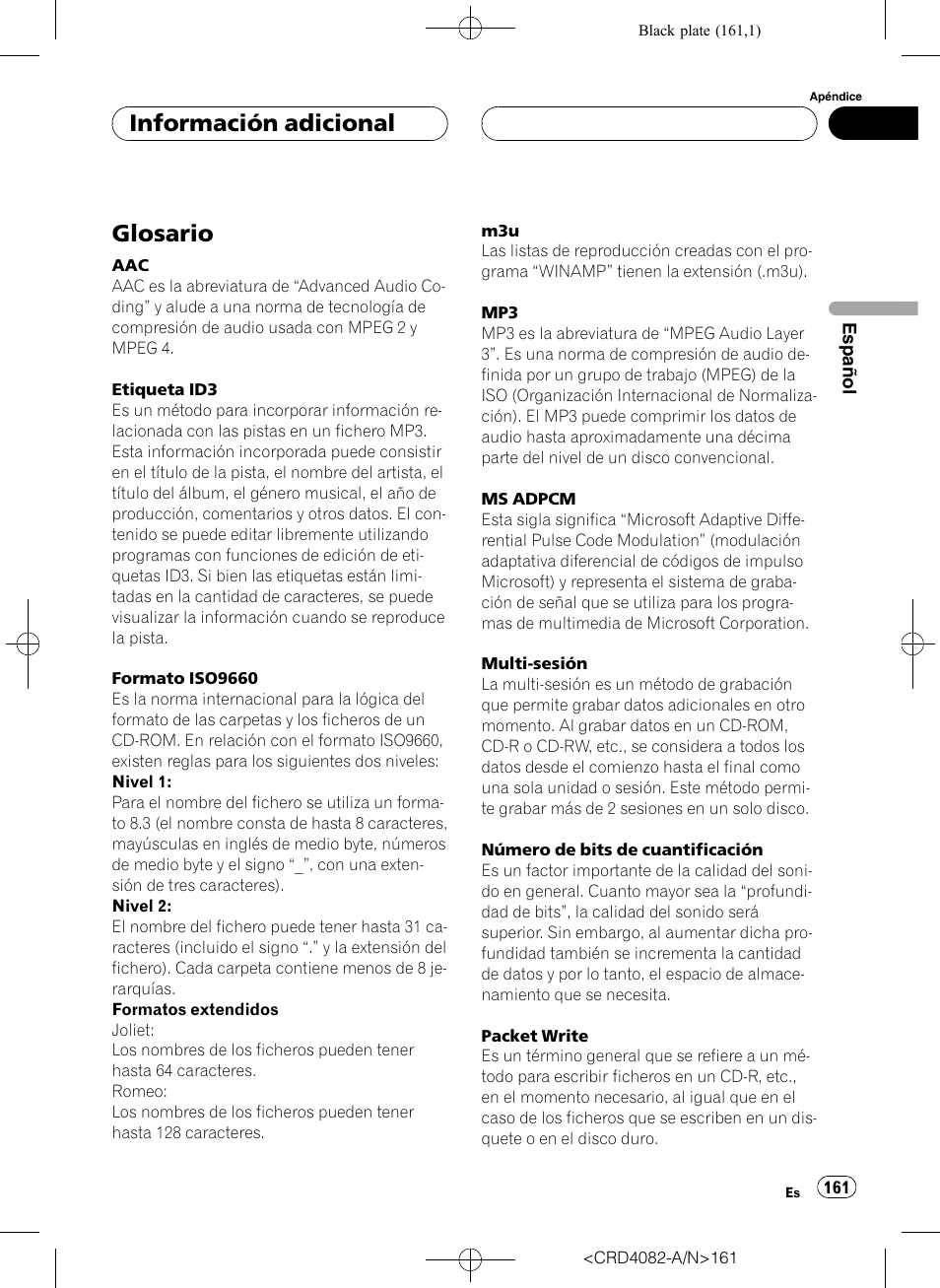 Glosario, Información adicional | Pioneer DEH-P80RS User Manual | Page 161 / 168