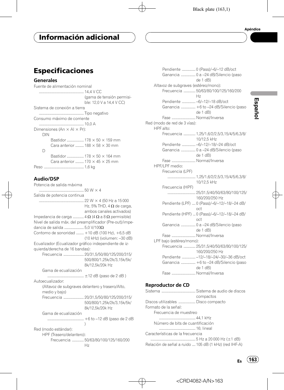 Especificaciones, Información adicional, Español | Pioneer DEH-P80RS User Manual | Page 163 / 168