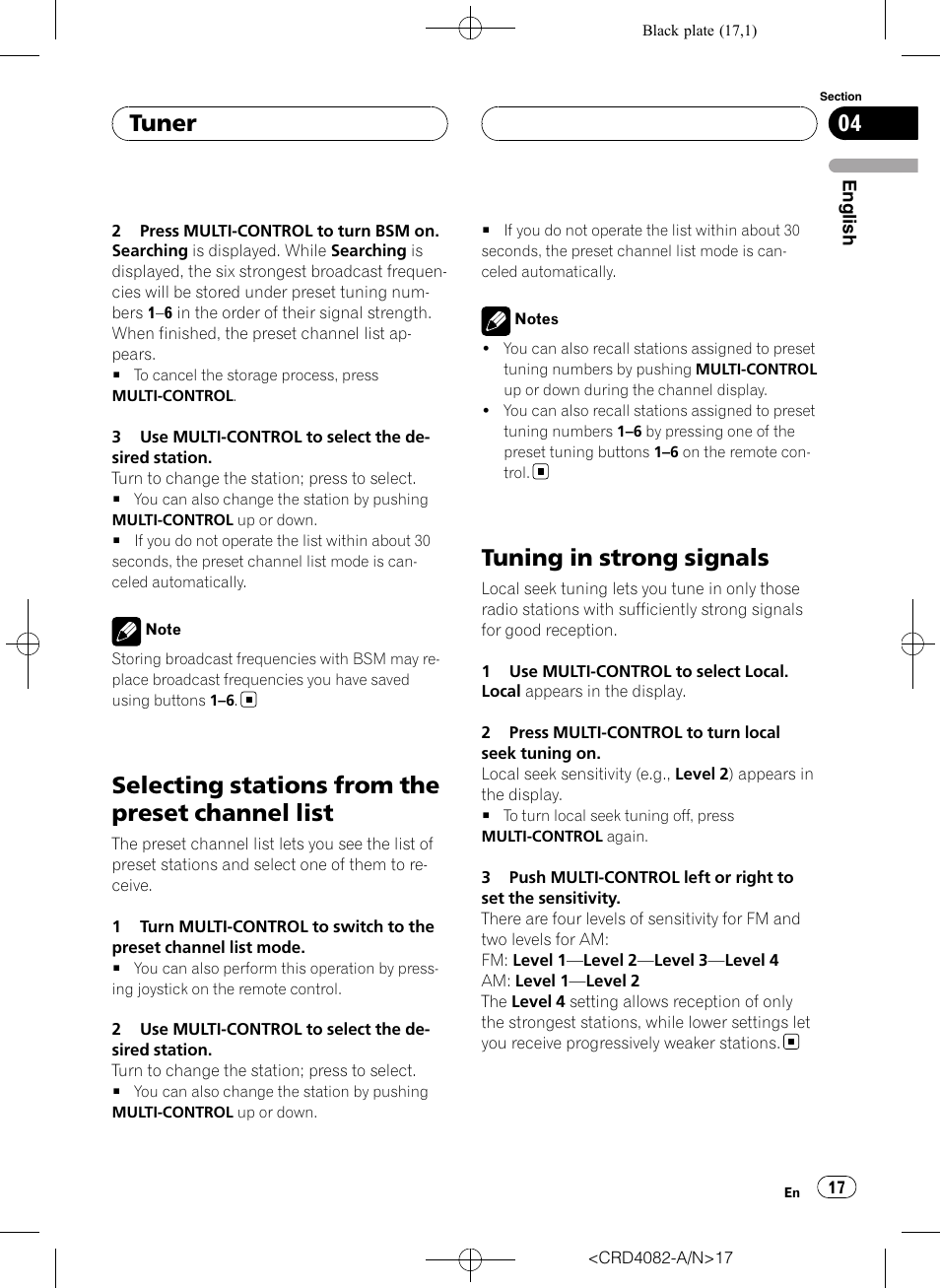 Selecting stations from the preset channel, List, Tuning in strong signals | Selecting stations from the preset channel list, Tuner | Pioneer DEH-P80RS User Manual | Page 17 / 168