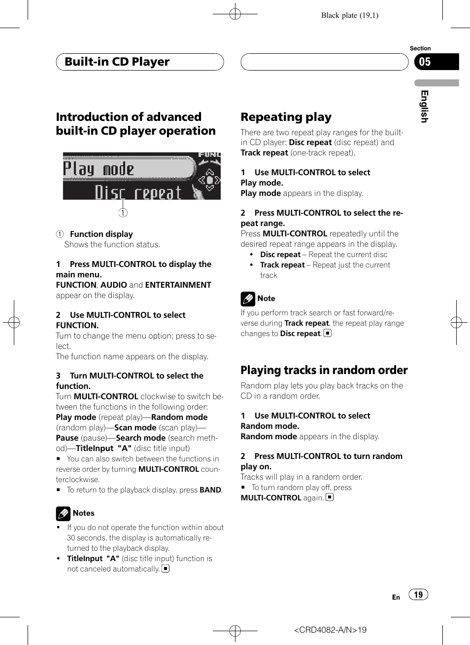 Introduction of advanced built-in cd player, Operation, Repeating play | Playing tracks in random order, Built-in cd player | Pioneer DEH-P80RS User Manual | Page 19 / 168