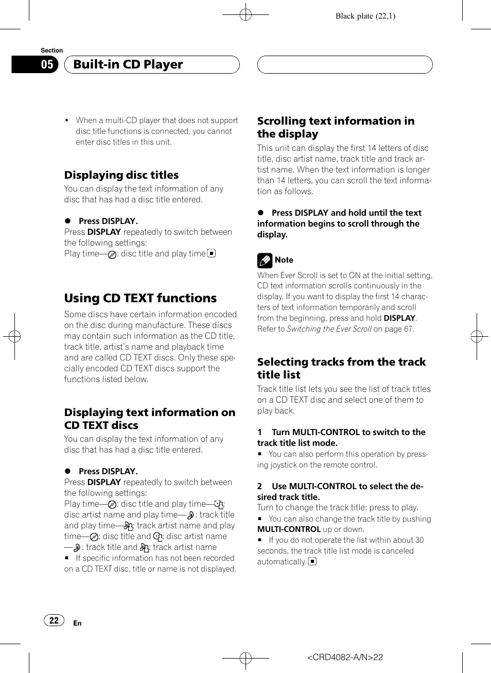 Displaying disc titles 22, Using cd text functions, Displaying text information on cd text | Discs, Scrolling text information in the, Display, Selecting tracks from the track title, List, Built-in cd player, Displaying disc titles | Pioneer DEH-P80RS User Manual | Page 22 / 168