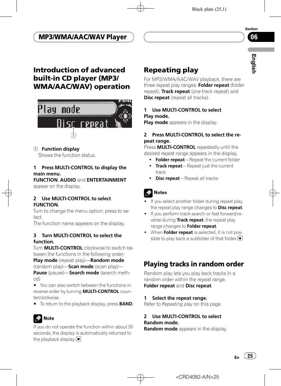 Introduction of advanced built-in cd player, Mp3/wma/aac/wav) operation, Repeating play | Playing tracks in random order, Mp3/wma/aac/wav player | Pioneer DEH-P80RS User Manual | Page 25 / 168
