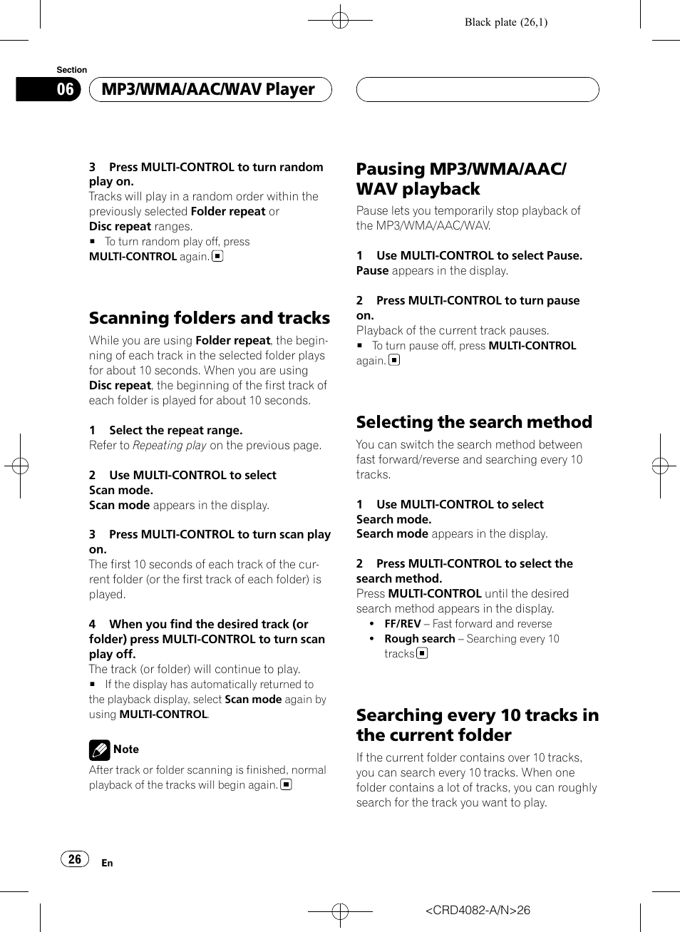 Scanning folders and tracks, Pausing mp3/wma/aac/wav playback, Selecting the search method | Searching every 10 tracks in the current, Folder, Pausing mp3/wma/aac/ wav playback, Searching every 10 tracks in the current folder, Mp3/wma/aac/wav player | Pioneer DEH-P80RS User Manual | Page 26 / 168
