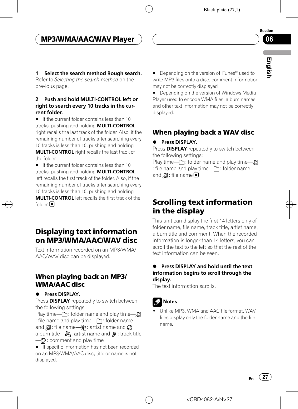 Displaying text information on mp3/wma, Aac/wav disc, When playing back an mp3/wma/aac | Disc, When playing back a wav disc 27, Scrolling text information in the display, Mp3/wma/aac/wav player, When playing back an mp3/ wma/aac disc, When playing back a wav disc | Pioneer DEH-P80RS User Manual | Page 27 / 168