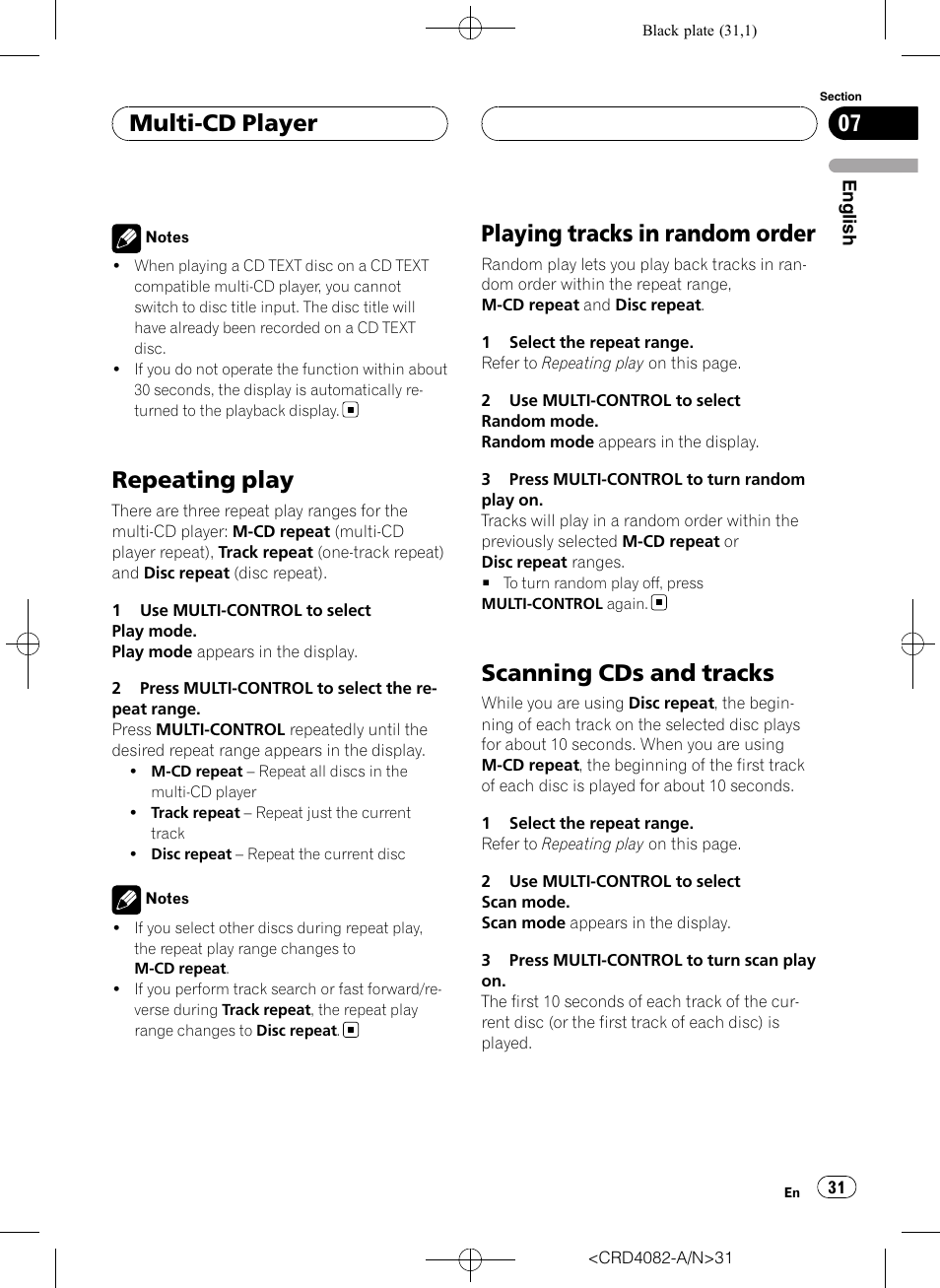 Repeating play, Playing tracks in random order, Scanning cds and tracks | Multi-cd player | Pioneer DEH-P80RS User Manual | Page 31 / 168