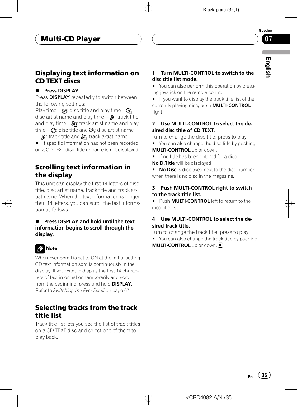 Displaying text information on cd text, Discs, Scrolling text information in the | Display, Selecting tracks from the track title, List, Multi-cd player, Displaying text information on cd text discs, Scrolling text information in the display, Selecting tracks from the track title list | Pioneer DEH-P80RS User Manual | Page 35 / 168