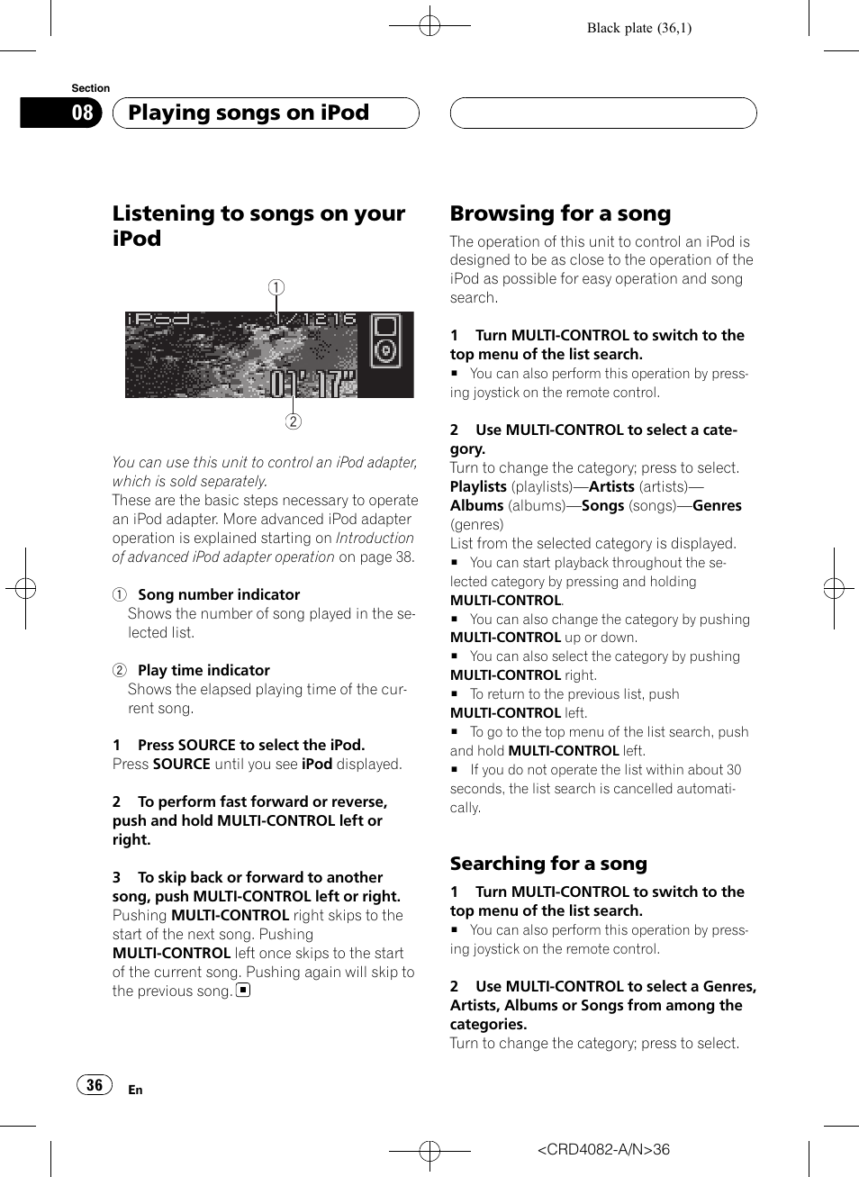 Browsing for a song, Searching for a song 36, Listening to songs on your ipod | Playing songs on ipod | Pioneer DEH-P80RS User Manual | Page 36 / 168