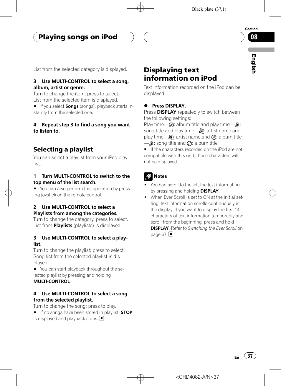 Selecting a playlist 37, Displaying text information on ipod, Playing songs on ipod | Selecting a playlist | Pioneer DEH-P80RS User Manual | Page 37 / 168