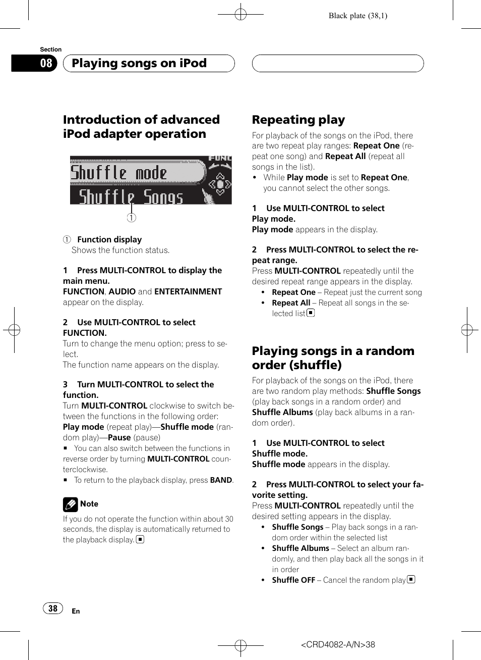 Introduction of advanced ipod adapter, Operation, Repeating play | Playing songs in a random order, Shuffle), Introduction of advanced ipod adapter operation, Playing songs in a random order (shuffle), Playing songs on ipod | Pioneer DEH-P80RS User Manual | Page 38 / 168