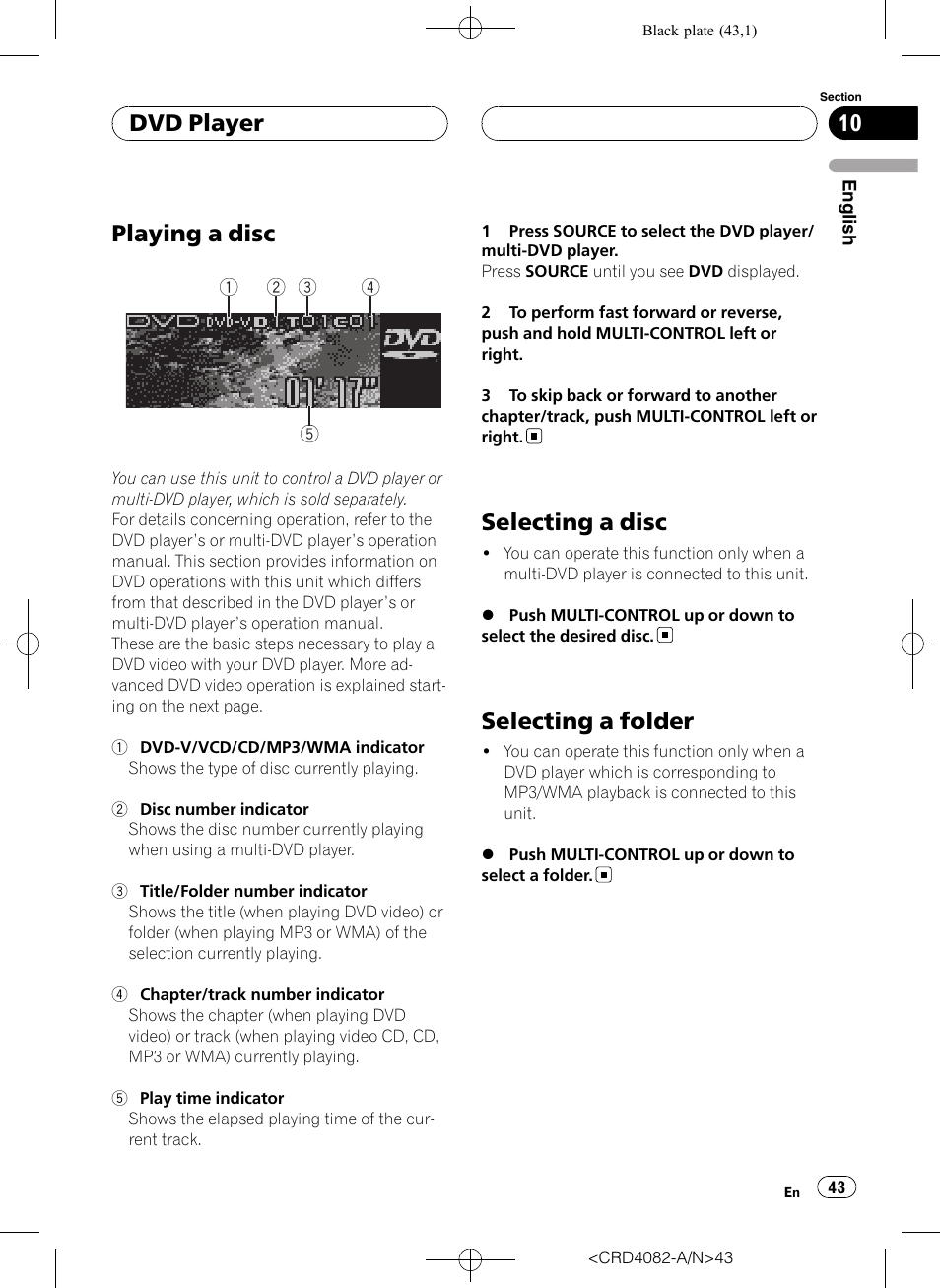 Dvd player playing a disc, Selecting a disc, Selecting a folder | Playing a disc, Dvd player | Pioneer DEH-P80RS User Manual | Page 43 / 168