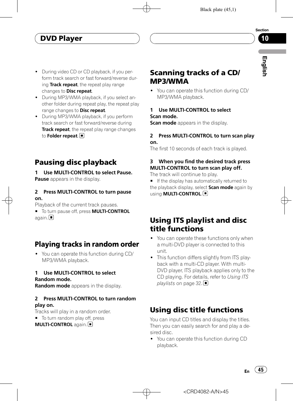 Pausing disc playback, Playing tracks in random order, Scanning tracks of a cd/mp3/wma | Using its playlist and disc title functions, Using disc title functions, Scanning tracks of a cd/ mp3/wma, Dvd player | Pioneer DEH-P80RS User Manual | Page 45 / 168