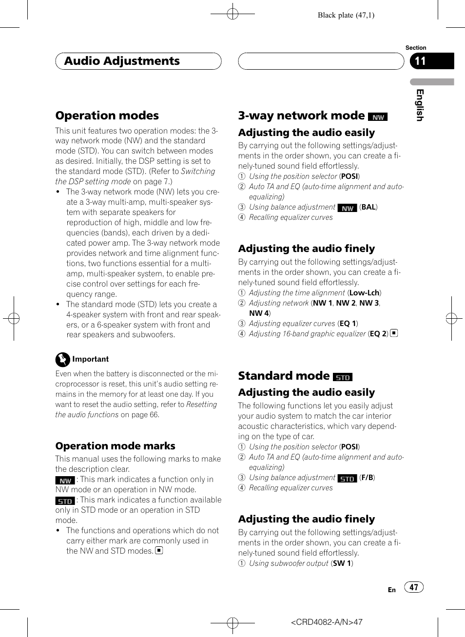 Audio adjustments operation modes, Operation mode marks 47, Way network mode | Adjusting the audio easily 47, Adjusting the audio finely 47, Standard mode, Operation modes, Audio adjustments | Pioneer DEH-P80RS User Manual | Page 47 / 168