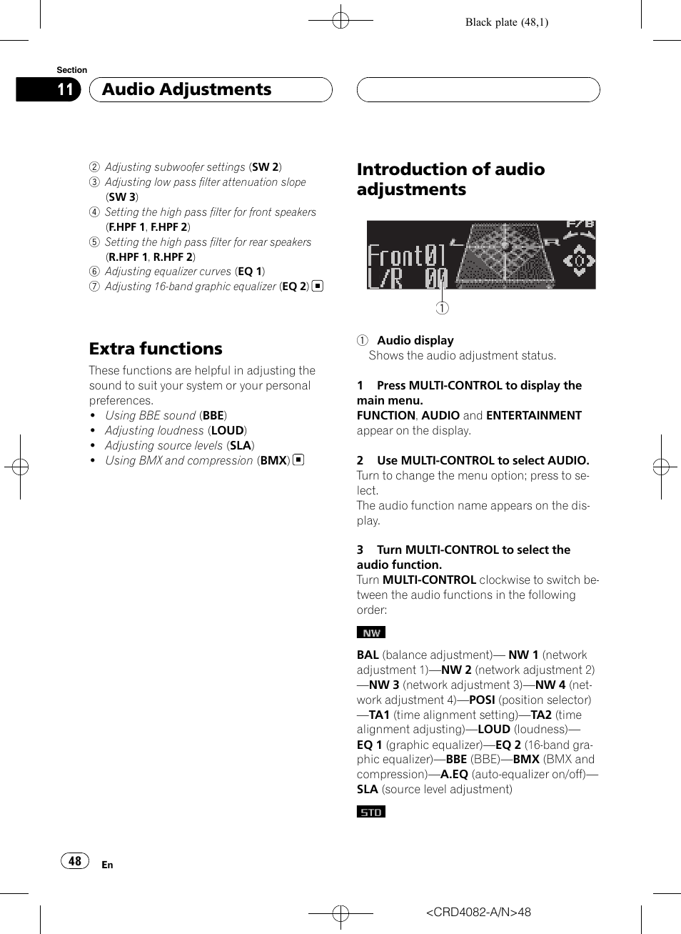 Extra functions, Introduction of audio adjustments, Audio adjustments | Pioneer DEH-P80RS User Manual | Page 48 / 168