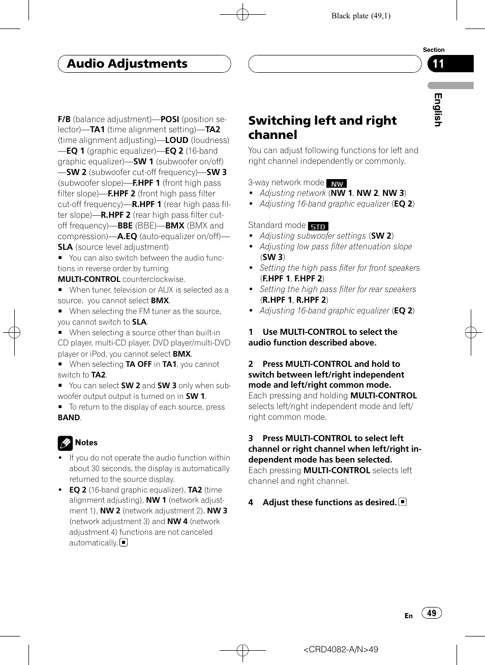 Switching left and right channel, Audio adjustments | Pioneer DEH-P80RS User Manual | Page 49 / 168