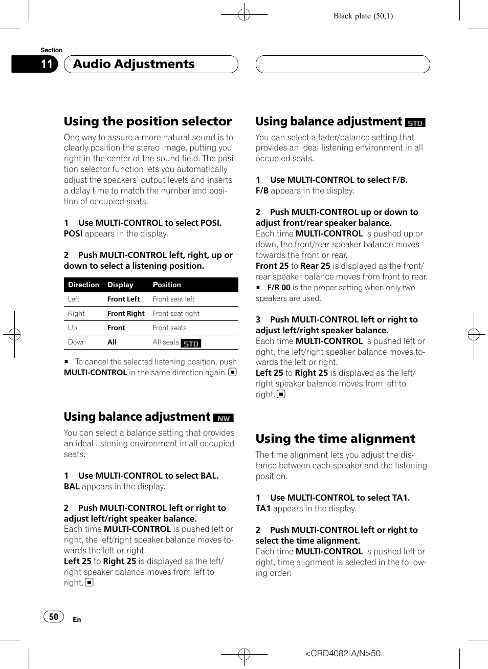 Using the position selector, Using balance adjustment, Using the time alignment | Audio adjustments | Pioneer DEH-P80RS User Manual | Page 50 / 168