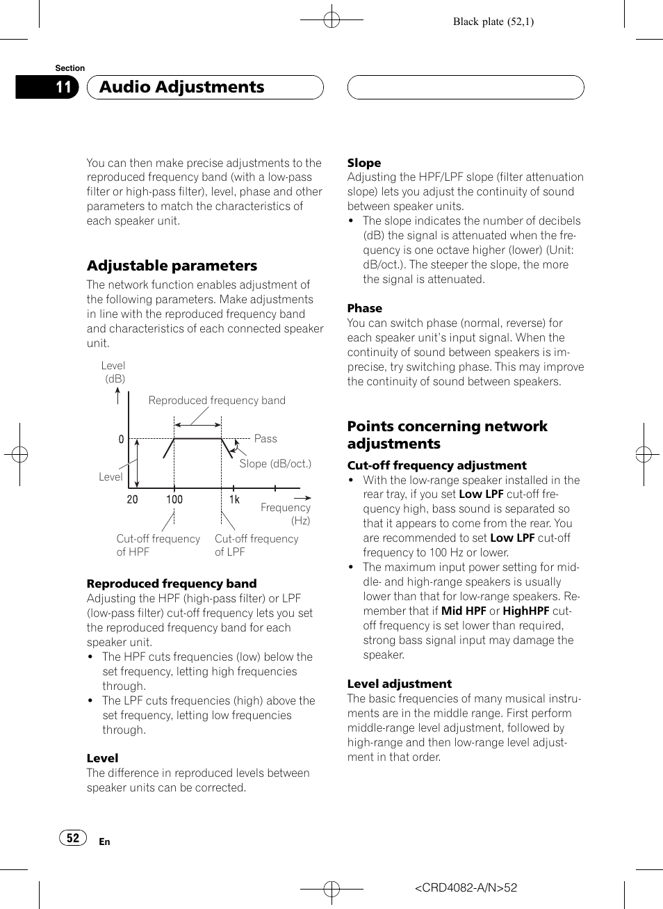 Adjustable parameters 52, Points concerning network, Adjustments | Audio adjustments, Adjustable parameters, Points concerning network adjustments | Pioneer DEH-P80RS User Manual | Page 52 / 168
