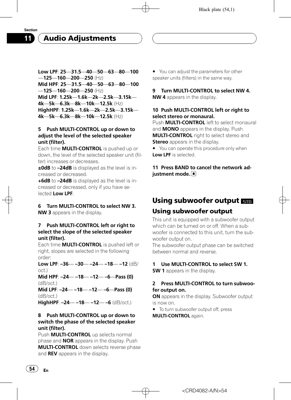 Using subwoofer output, Using subwoofer output 54, Audio adjustments | Pioneer DEH-P80RS User Manual | Page 54 / 168