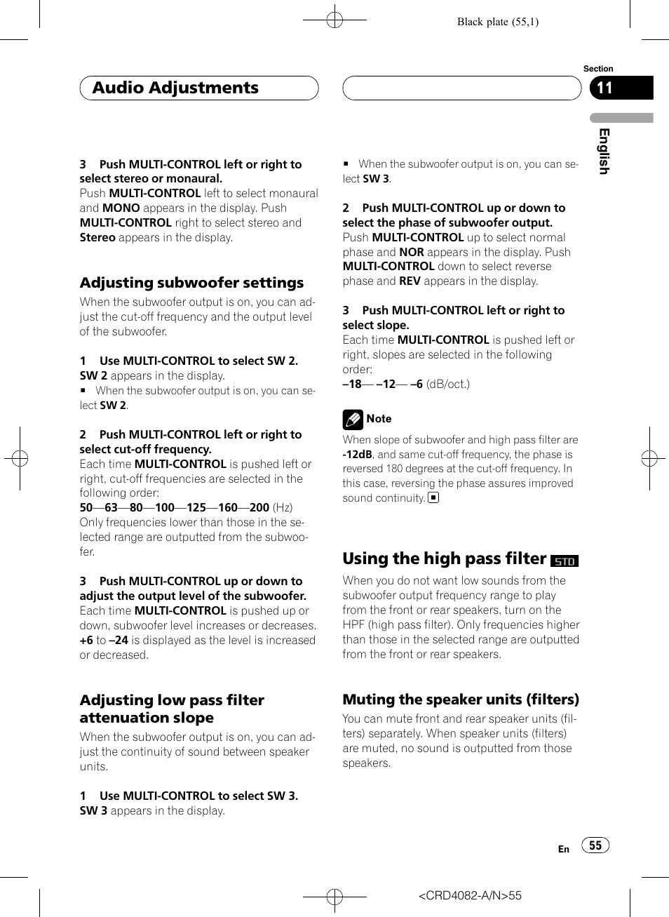 Adjusting subwoofer settings 55, Adjusting low pass filter attenuation, Slope | Using the high pass filter, Muting the speaker units (filters) 55, Adjusting subwoofer settings, Adjusting low pass filter attenuation slope, Audio adjustments, Muting the speaker units (filters) | Pioneer DEH-P80RS User Manual | Page 55 / 168